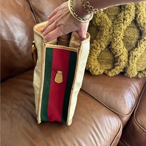 Vintage Gucci Beige Leather Canvas Shoulder Bag with Red and Green Stripe